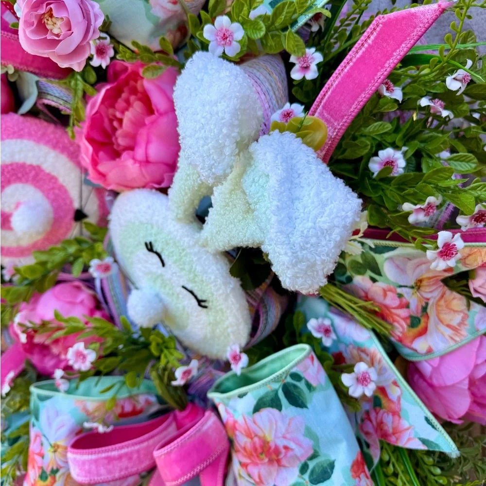 Floral Easter Bunny Wreath with Pink Accents